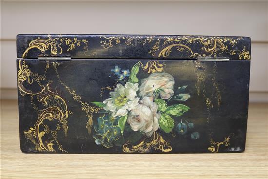 A Victorian painted papier mache stationery box, by Mechi length 25cm